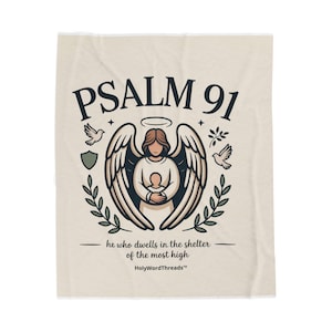 Psalm 91 Angel Illustration Blanket | Scripture Verse Sheltering Faith image 1