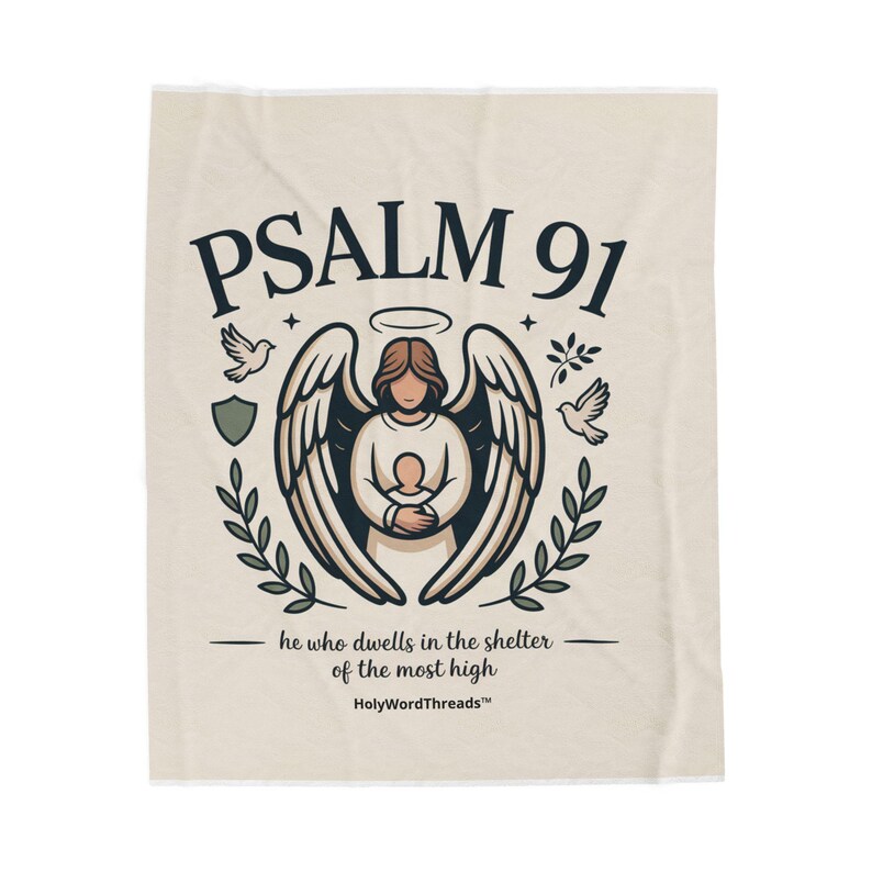 Psalm 91 Angel Illustration Blanket | Scripture Verse Sheltering Faith image 1