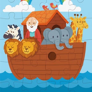 以下が含まれることがあります： ノアの箱舟を描いたカラフルなジグソーパズル。ライオン、シマウマ、キリン、ゾウなど、動物のペアでいっぱいの木製の箱舟が描かれています。虹が箱舟の上にアーチを描き、オリーブの枝を運ぶハトがいます。
