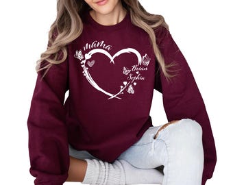 Personalisiertes Mama-Sweatshirt mit dem Namen der Kinder, maßgeschneidertes Herz-Mama-Pullover