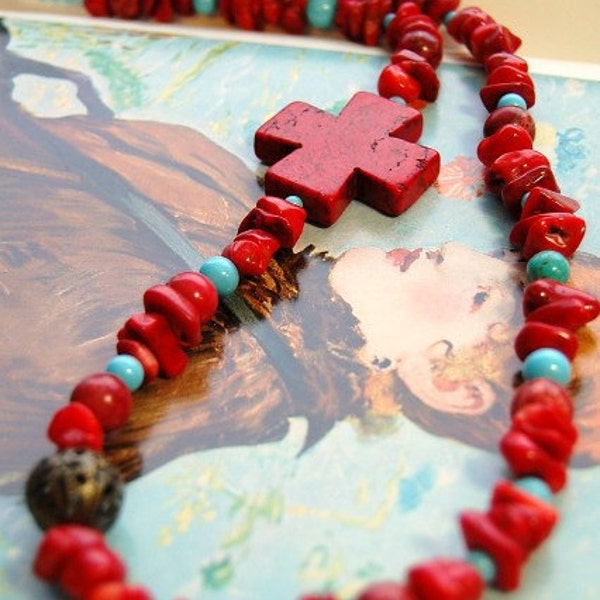 Red Beaded Cross necklace