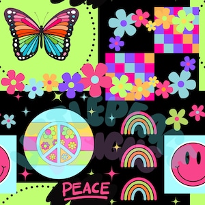 Peut inclure: Un motif psychédélique coloré avec un signe de paix, des arcs-en-ciel, des visages souriants, des fleurs et un papillon. Le fond est noir avec des accents verts et roses. Le texte "Peace" est écrit en blanc.