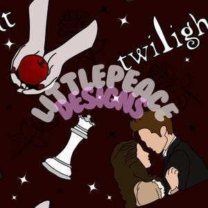 Peut inclure: Une pomme rouge avec une morsure, une pièce d'échecs blanche, un couple qui s'embrasse et le mot "twilight" en blanc sur un fond rouge foncé.