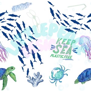 以下が含まれることがあります： 青と緑のウミガメ、青いカニ、サンゴのウォーターカラーイラスト。イラストには、青い魚の群れ、クラゲ、プラスチックごみ（ボトルとストローなど）も含まれています。「Keep the Sea Plastic Free」というテキストは、緑と青の文字で書かれています。