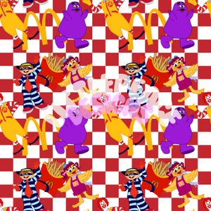 May include: A repeating pattern featuring McDonald's characters on a red and white checkered background. The characters include Ronald McDonald, Grimace, the Hamburglar, and others, along with golden arches and french fries.