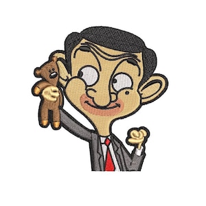 Op de afbeelding: Een cartoonillustratie van Mr. Bean, een personage uit de Britse sitcom, die een bruine teddybeer vasthoudt. Hij draagt ​​een grijs pak en een rode stropdas.