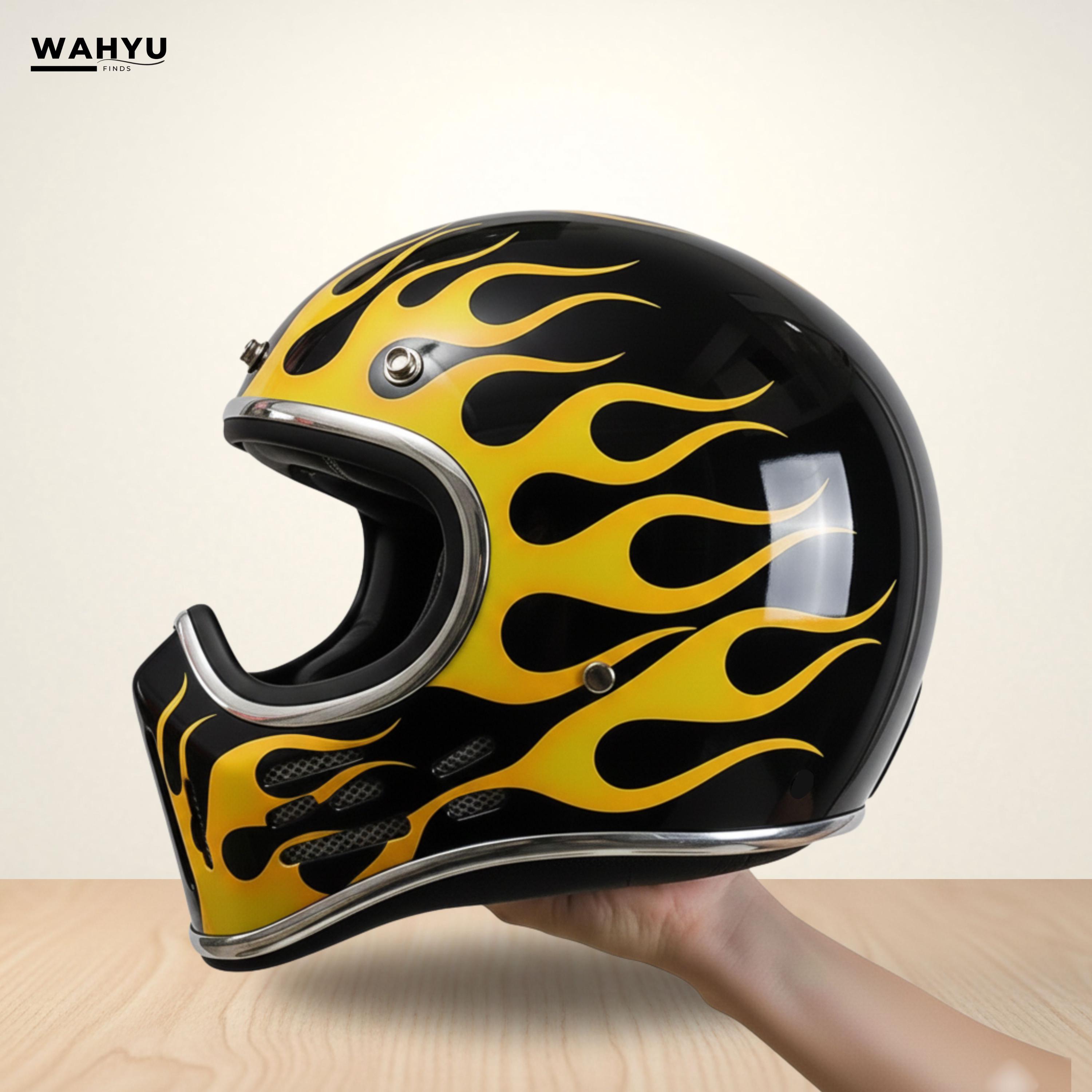 bell black helmet with red yellow flames New! Vintage Helmet M30 Yellow Flame Cafe Racer Style Motorcycle Cafe  Bobber