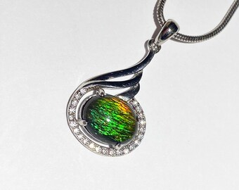 Ammolite pendant in Sterling Silver with Cubic Zirconia, bright beautiful pattern