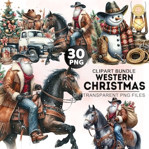 30+ Christmas Bundle Png, Watercolor Christmas Western Clipart, Christmas Cowboy Png, Festive Rustic Holiday Clipart Bundle, Commercial Use