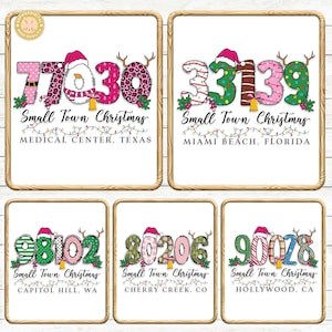 May include: Six framed prints with Christmas-themed designs. Each features a zip code with festive patterns, Santa hats, and reindeer antlers. The text "Small Town Christmas" appears below each zip code, along with a city and state.