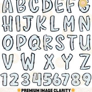 Peut inclure: L'alphabet complet et les chiffres de 1 &agrave; 9 sont pr&eacute;sent&eacute;s dans un style fantaisiste et manuscrit. Chaque lettre et chiffre est soulign&eacute; en noir avec un remplissage en papier de cahier. Le texte en bas indique "PREMIUM IMAGE CLARITY" et "LOOKING FOR HIGH DESIGN? 300 DPI & 4000x4000 PX."