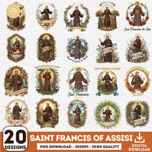 Puede incluir: Una colección de 20 diseños digitales que representan a San Francisco de Asís. Cada diseño muestra una imagen de San Francisco, a menudo rodeado de animales y elementos florales, con varios marcos decorativos y texto.