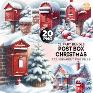 May include: A digital clipart bundle featuring red post boxes covered in snow, with Christmas and winter themes. The image includes various post box designs, a Christmas tree, and a house, with the text "POST BOX CHRISTMAS" and "20 PNG".