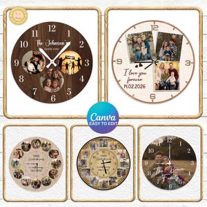 May include: A collection of personalized family clocks. The clocks feature family photos, names, and phrases like "family time" and "I love you forever." The clocks have a wooden or light-colored background with black numbers and hands.