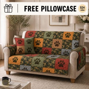 Camo Paw Plaid Quilted Sofa Cover, Hunting Patchwork Furniture Cover, Dog Lover Couch Protector, Rustic Cabin Slipcover, OutdoorSofa Cover