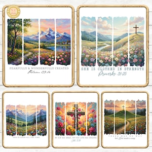 May include: Set of five framed art prints featuring landscape scenes with mountains, flowers, and religious quotes. The prints include phrases like "Fearfully & Wonderfully Created" and "She is Clothed in Strength". Each print has a wooden frame.