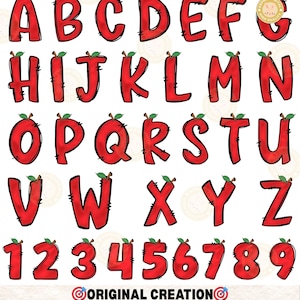 Peut inclure: Un alphabet complet et les chiffres de 1 &agrave; 9 sont affich&eacute;s dans un design de pomme rouge. Chaque lettre et chiffre a une feuille et une tige vertes. Le texte "ORIGINAL CREATION" et "CREATED WITH TIRELESS EFFORT AND HEARTFELT PASSION" est en bas.