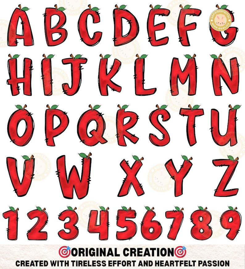 Peut inclure: Un alphabet complet et les chiffres de 1 &agrave; 9 sont affich&eacute;s dans un design de pomme rouge. Chaque lettre et chiffre a une feuille et une tige vertes. Le texte "ORIGINAL CREATION" et "CREATED WITH TIRELESS EFFORT AND HEARTFELT PASSION" est en bas.