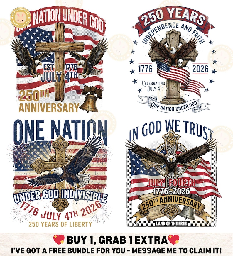 May include: Four patriotic designs featuring eagles, crosses, and American flags. Each design includes the text "Nation Under God," "July 4th," and "250th Anniversary." The designs celebrate the 250th anniversary of American independence.