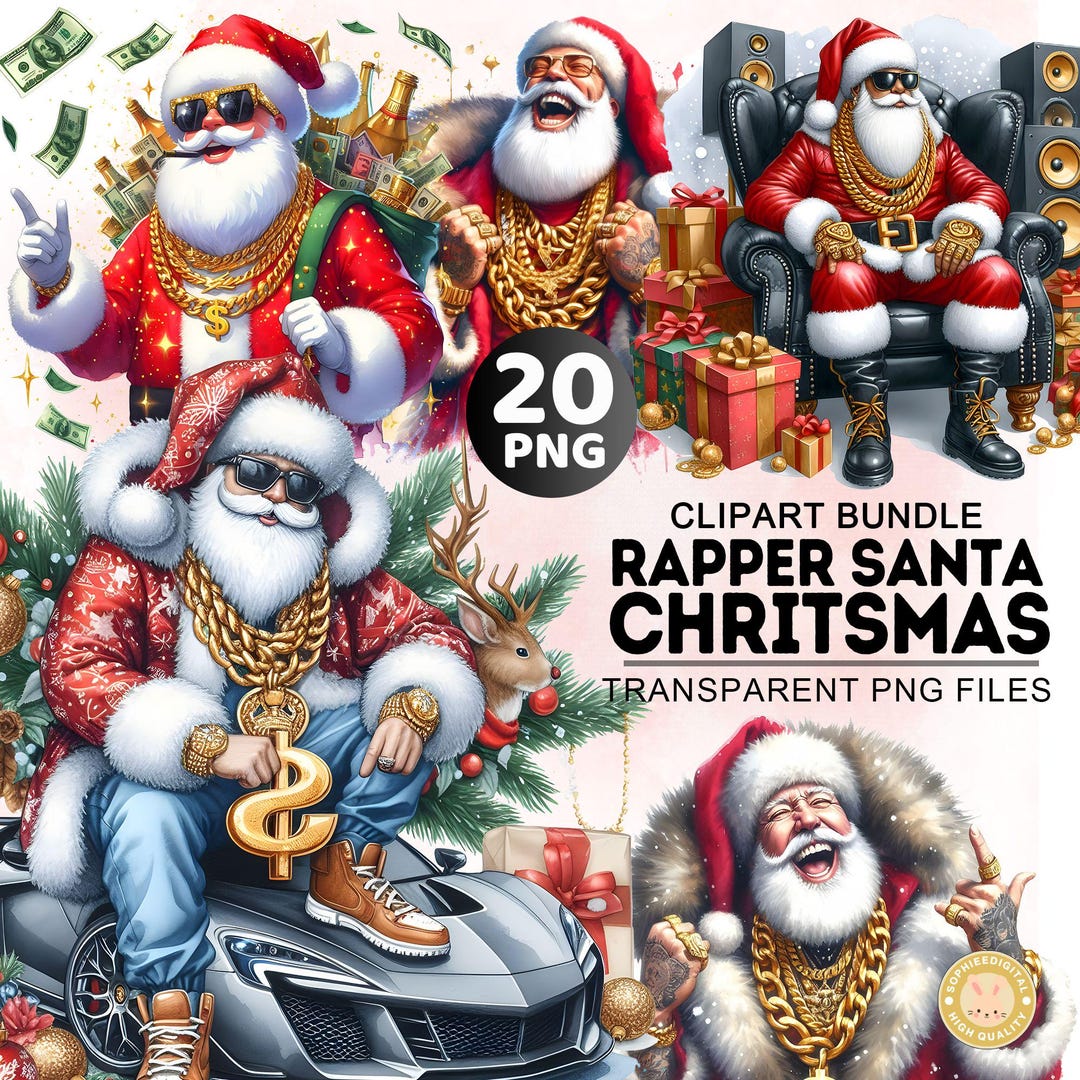 Gift Raper Santa 20+ Christmas Bundle Png, Watercolor Rapper Santa Clipart, Rap Music ...