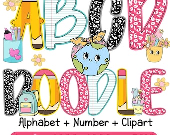 Ensemble de 4 et + alphabets scolaires au format png, Doodle preppy png, damier de lettres png, 100 jours d'école au format png, lot de 4 crayons et papiers, png