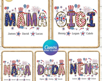 Más de 6 plantillas personalizadas de Canva para familias de EE. UU., Mamá Mimi, Abuela (PNG), Bandera estadounidense editable, Estados Unidos 250 (PNG), Plantilla de nombre para niños, 4 de julio (PNG)