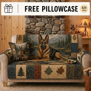 Funda acolchada para sofá con estampado de pastor alemán, funda para muebles con diseño de retazos de bosque, protector de sofá azul marino y beige, funda para sofá para amantes de los perros, funda para sofá con estampado de fauna silvestre