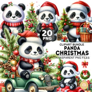 May include: A digital clipart bundle featuring panda bears in festive Christmas attire. The pandas wear Santa hats and scarves, surrounded by Christmas trees, gifts, and wreaths. The image includes the text "Panda Christmas" and "Transparent PNG Files".