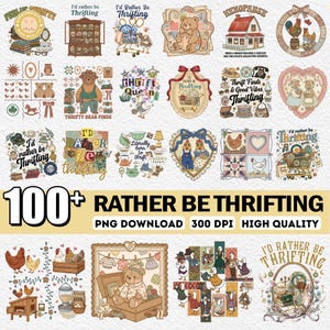 Puede incluir: Una colección de gráficos digitales con una estética vintage, que presenta ilustraciones de osos, pollos y otros objetos. El texto incluye "I'd Rather Be Thrifting" y "Thrifty Bear Finds". La imagen también incluye el texto "100+ Rather Be Thrifting".