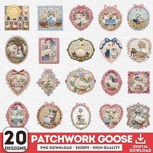 Op de afbeelding: Een verzameling van 20 Patchwork Goose-ontwerpen in verschillende vormen, waaronder ovalen, harten en vierkanten. Elk ontwerp toont een gans in een landelijke omgeving, met bloemen en strikken. De ontwerpen zijn in zachte pastelkleuren.