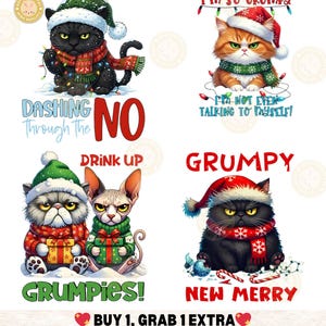 May include: A digital illustration featuring four grumpy cats in festive holiday attire. Each cat wears a Santa hat and scarf, with text overlays like "Grumpy" and "New Merry." The image includes the text "Buy 1, Grab 1 Extra."