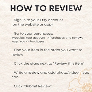 May include: A beige graphic with the title "HOW TO REVIEW" in bold black letters. Instructions on how to review an item on Etsy are listed below the title. The instructions include how to find the item and submit the review.