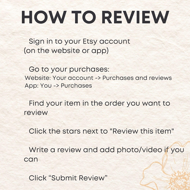 May include: A beige graphic with the title "HOW TO REVIEW" in bold black letters. Instructions on how to review an item on Etsy are listed below the title. The instructions include how to find the item and submit the review.