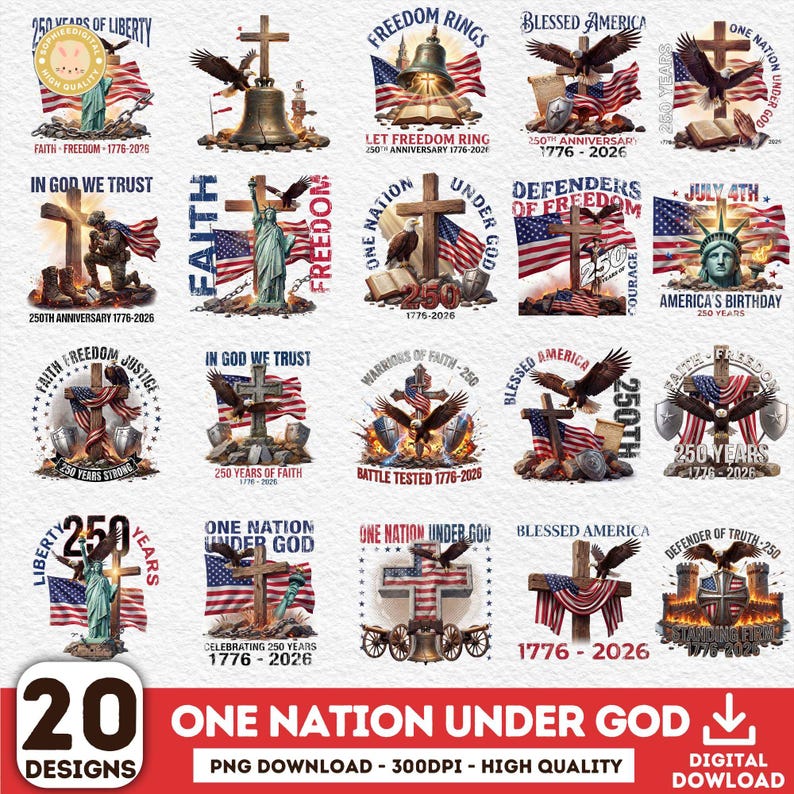 May include: A selection of 20 patriotic designs with American flags, eagles, crosses, and the Statue of Liberty. Each design includes text such as "One Nation Under God," "Blessed America," and "250th Anniversary 1776-2026."