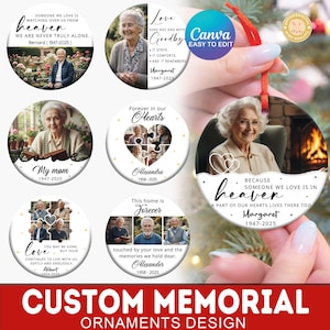 May include: A collection of custom memorial ornaments with photos and text. The ornaments feature images of loved ones, with phrases like "Forever in our Hearts" and "Because someone we love is in heaven." The design includes the text "Custom Memorial Ornaments Design."