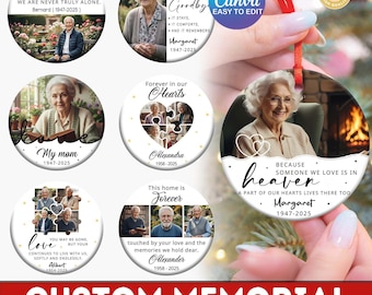 Más de 6 plantillas conmemorativas personalizadas de Canva, diseños de adornos fotográficos personalizados, adornos conmemorativos editables, adornos con nombre personalizado en formato PNG, PNG personalizado