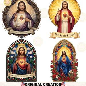May include: Four digital illustrations of Jesus Christ. Each image depicts Jesus with a glowing heart, surrounded by various artistic elements. The text includes "Sacred Heart of Jesus, Have Mercy on Us" and "The Sacred Heart". The bottom image reads "Original Creation".