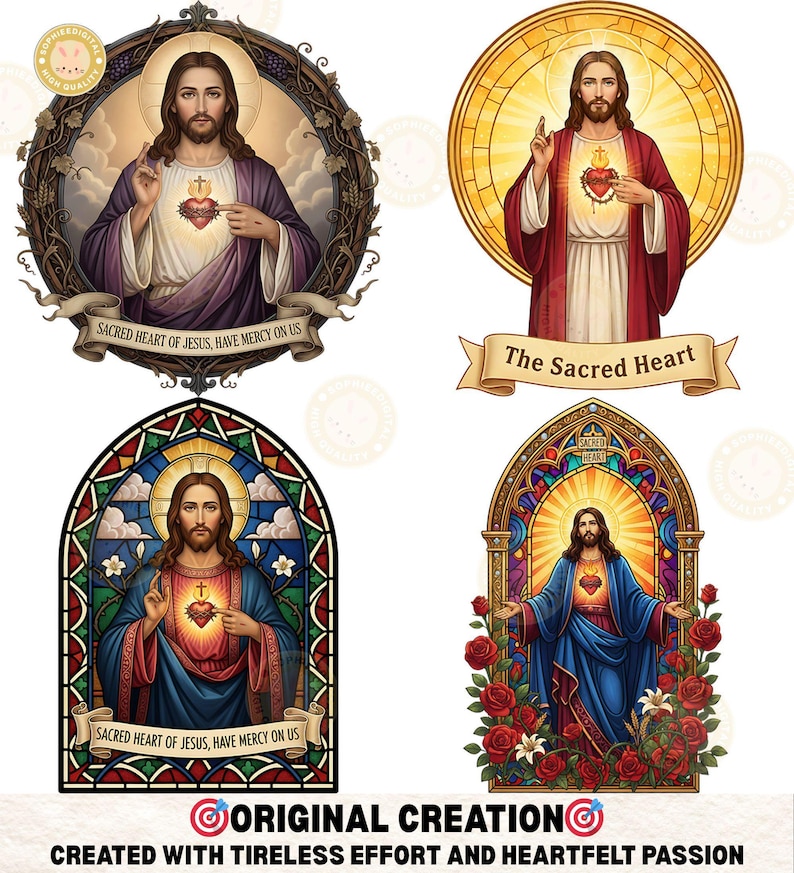 May include: Four digital illustrations of Jesus Christ. Each image depicts Jesus with a glowing heart, surrounded by various artistic elements. The text includes "Sacred Heart of Jesus, Have Mercy on Us" and "The Sacred Heart". The bottom image reads "Original Creation".