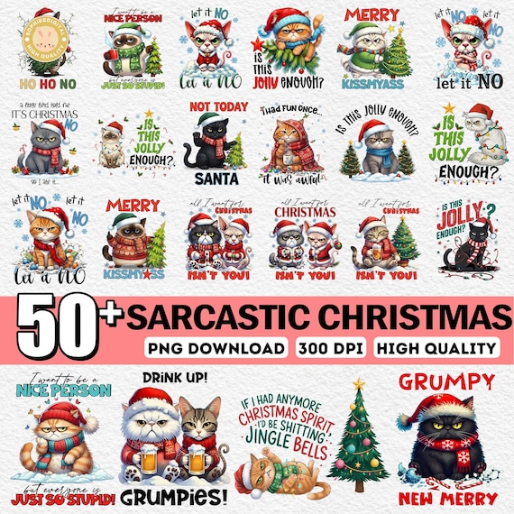 50+ Sarcastic Christmas Cat Png Bundle, Santa Claus Png, Preppy Christmas Png, Reindeer Png, Christmas Tree Png Bundle, Funny Cat Png