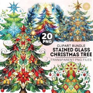 20+ Christmas Bundle Png, Stained Glass Christmas Tree Clipart, Festive Trees Png, Christmas Stained Glass Clipart Bundle, Commercial Use
