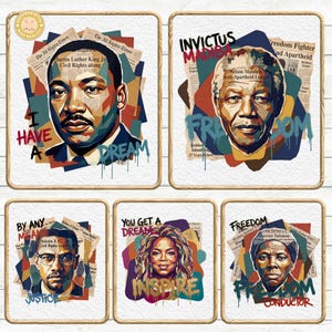 May include: Five framed art prints featuring portraits of historical figures. Each print has a colorful, abstract background with text. The subjects include Martin Luther King Jr., Nelson Mandela, Malcolm X, Oprah Winfrey, and Harriet Tubman. The prints have inspirational words.