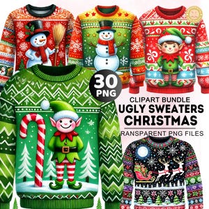 30+ Christmas Bundle Png, Watercolor Ugly Sweaters Christmas Clipart, Winter Sweater Png, Festive Sweater Clipart Bundle, Commercial Use
