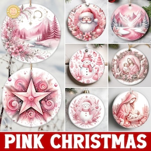 Mais de 20 designs festivos de enfeites de Natal, designs de sublimação de Natal rosa, pacote de inverno rosa em PNG, para uso comercial.