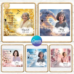 May include: Five memorial portraits with a gold border, each featuring a woman's photo, name, and dates. The portraits have a sky and cloud background with text that reads "Goodbye, my dear," "Goodbye, my love," "Goodbye, dear heart," "Goodbye, my shining light," and "Goodbye, my guiding star."