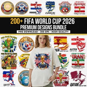 May include: A bundle of FIFA World Cup 2026 premium designs. The image features a woman wearing a white t-shirt with a USA-themed graphic. The design includes the World Cup trophy, flags, and the number 26. Various country-themed logos are also displayed.