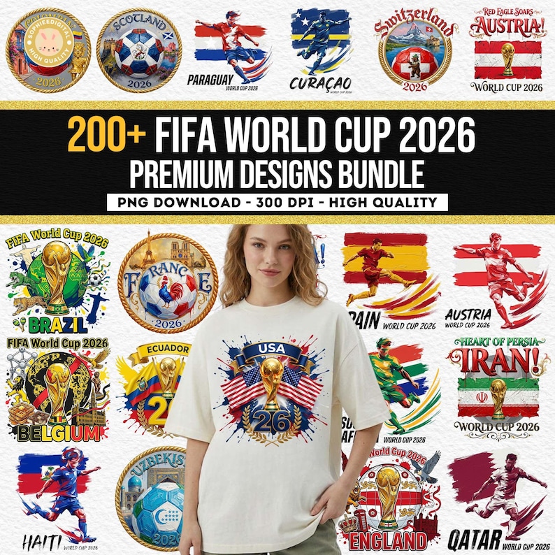 May include: A bundle of FIFA World Cup 2026 premium designs. The image features a woman wearing a white t-shirt with a USA-themed graphic. The design includes the World Cup trophy, flags, and the number 26. Various country-themed logos are also displayed.