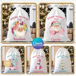 Pakiet 6+ niestandardowych worków świątecznych w formacie PNG, spersonalizowana torba dla dzieci w formacie PNG, niestandardowe imię w formacie PNG, plecak Świętego Mikołaja w formacie PNG, bałwan w formacie PNG