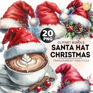 10+ Christmas Bundle Png, Watercolor Santa Hat Clipart, Santa Claus Hat Png, Christmas Decoration Clipart Bundle, Commercial Use