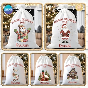May include: White Christmas gift bags with drawstring closures. Each bag features a festive design: a snowman, Santa Claus, a reindeer, a church, and a house. The text "SPECIAL DELIVERY FOR" is printed in red, with a name below each design.
