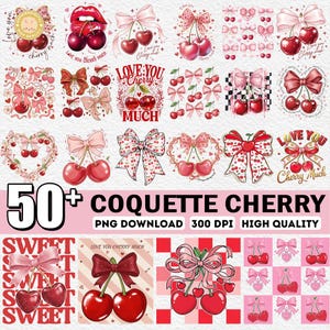 May include: A digital graphic featuring various cherry designs with bows and the text "Love You Cherry Much" and "Sweet". The designs include cherries, bows, and hearts in shades of red and pink. The words "Coquette Cherry" are also visible.